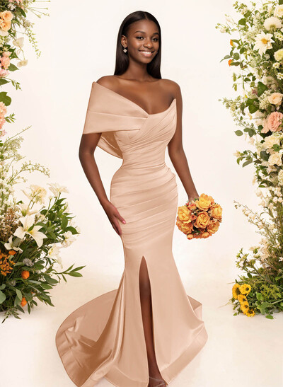 One-Shoulder Sleeveless Sweep Train Satin Bridesmaid Dresses With Split Front