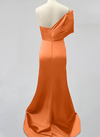 One-Shoulder Sleeveless Sweep Train Satin Bridesmaid Dresses With Split Front