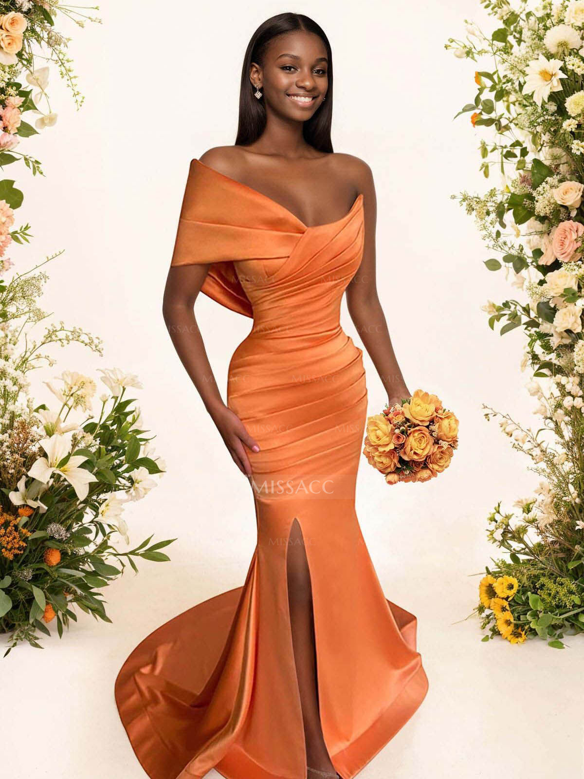 One-Shoulder Sleeveless Sweep Train Satin Bridesmaid Dresses With Split Front