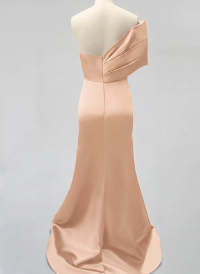 One-Shoulder Sleeveless Sweep Train Satin Bridesmaid Dresses With Split Front