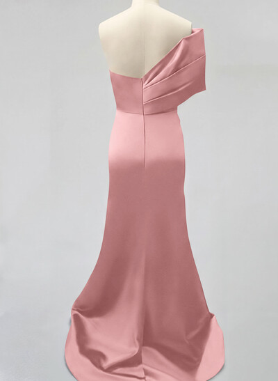 One-Shoulder Sleeveless Sweep Train Satin Bridesmaid Dresses With Split Front