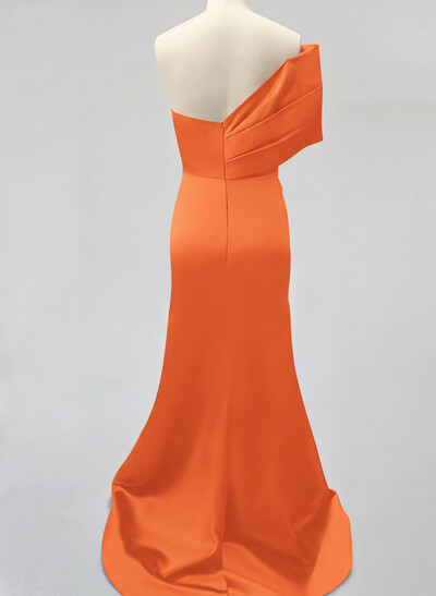 One-Shoulder Sleeveless Sweep Train Satin Bridesmaid Dresses With Split Front