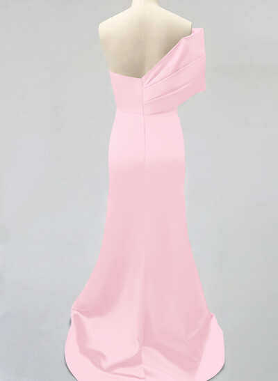 One-Shoulder Sleeveless Sweep Train Satin Bridesmaid Dresses With Split Front