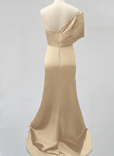 One-Shoulder Sleeveless Sweep Train Satin Bridesmaid Dresses With Split Front