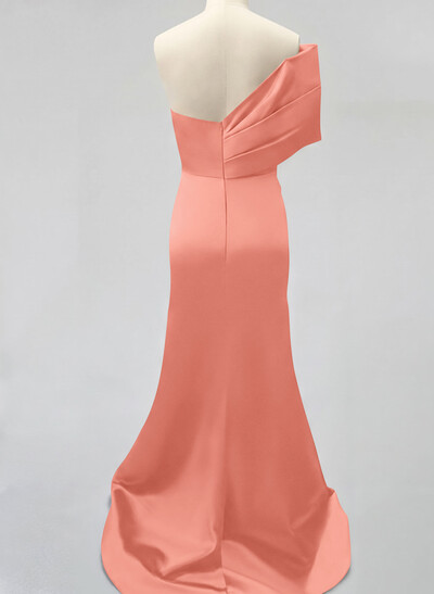 One-Shoulder Sleeveless Sweep Train Satin Bridesmaid Dresses With Split Front
