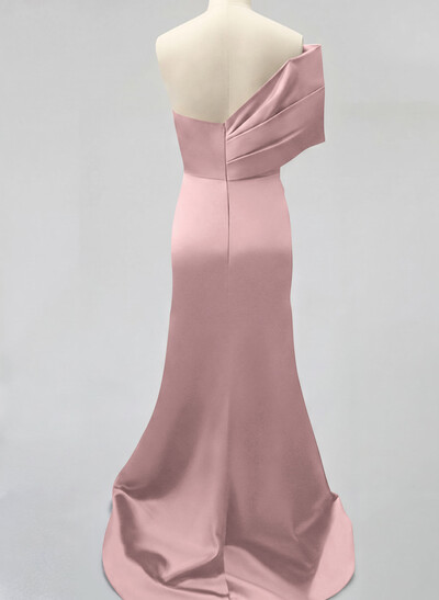 One-Shoulder Sleeveless Sweep Train Satin Bridesmaid Dresses With Split Front