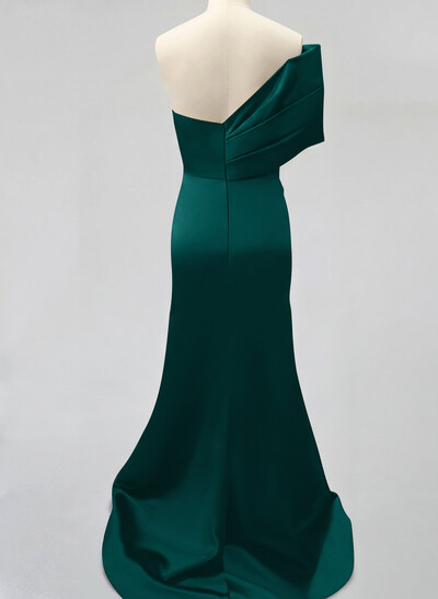 One-Shoulder Sleeveless Sweep Train Satin Bridesmaid Dresses With Split Front