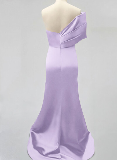 One-Shoulder Sleeveless Sweep Train Satin Bridesmaid Dresses With Split Front