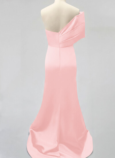 One-Shoulder Sleeveless Sweep Train Satin Bridesmaid Dresses With Split Front