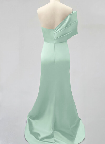 One-Shoulder Sleeveless Sweep Train Satin Bridesmaid Dresses With Split Front
