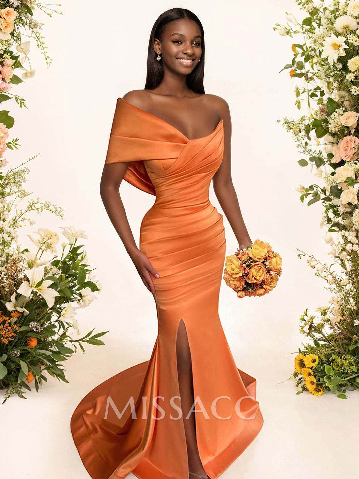 One-Shoulder Sleeveless Sweep Train Satin Bridesmaid Dresses With Split Front One-Shoulder Sleeveless Sweep Train Satin Bridesmaid Dresses With Split Front