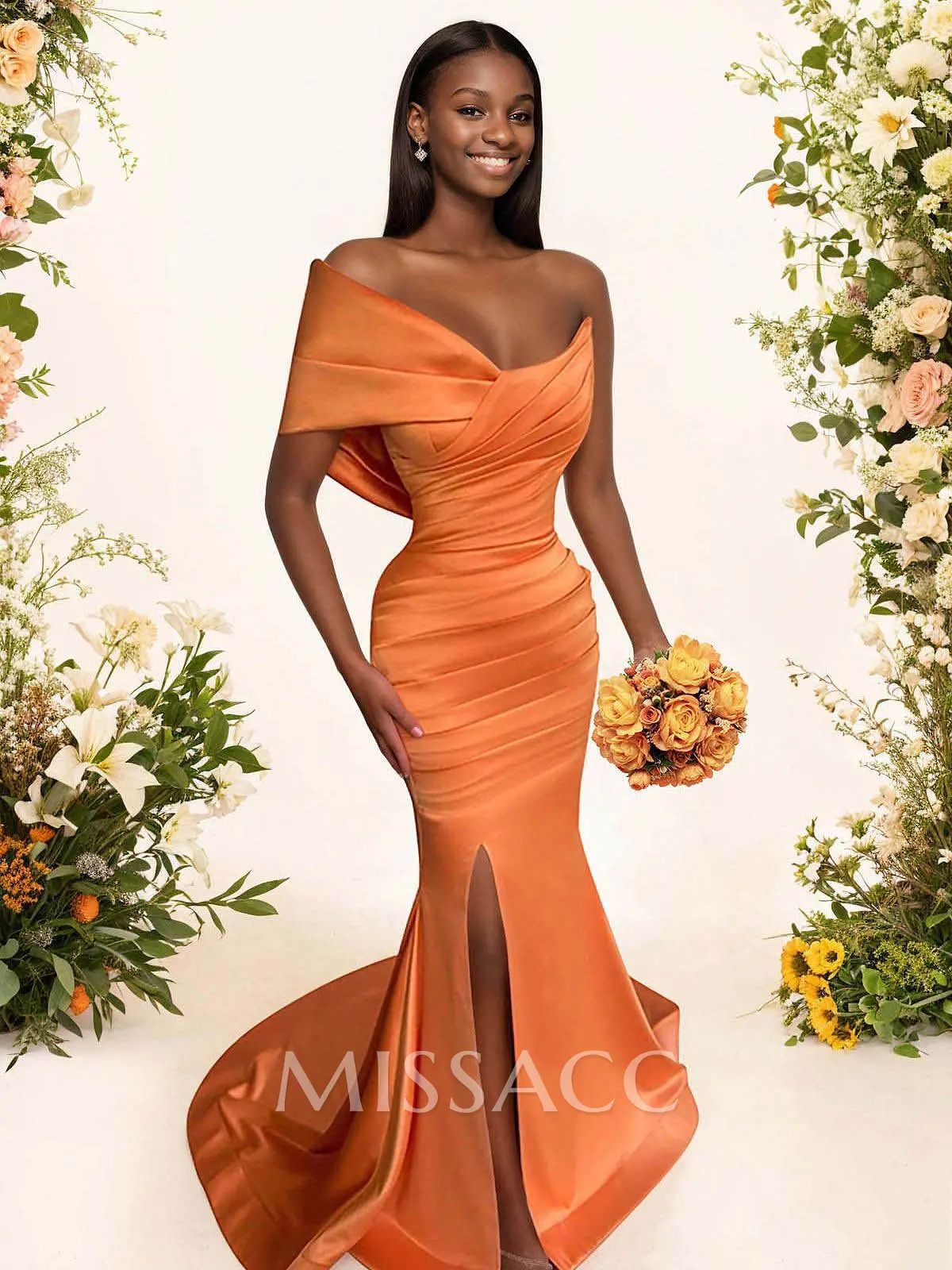 One-Shoulder Sleeveless Sweep Train Satin Bridesmaid Dresses With