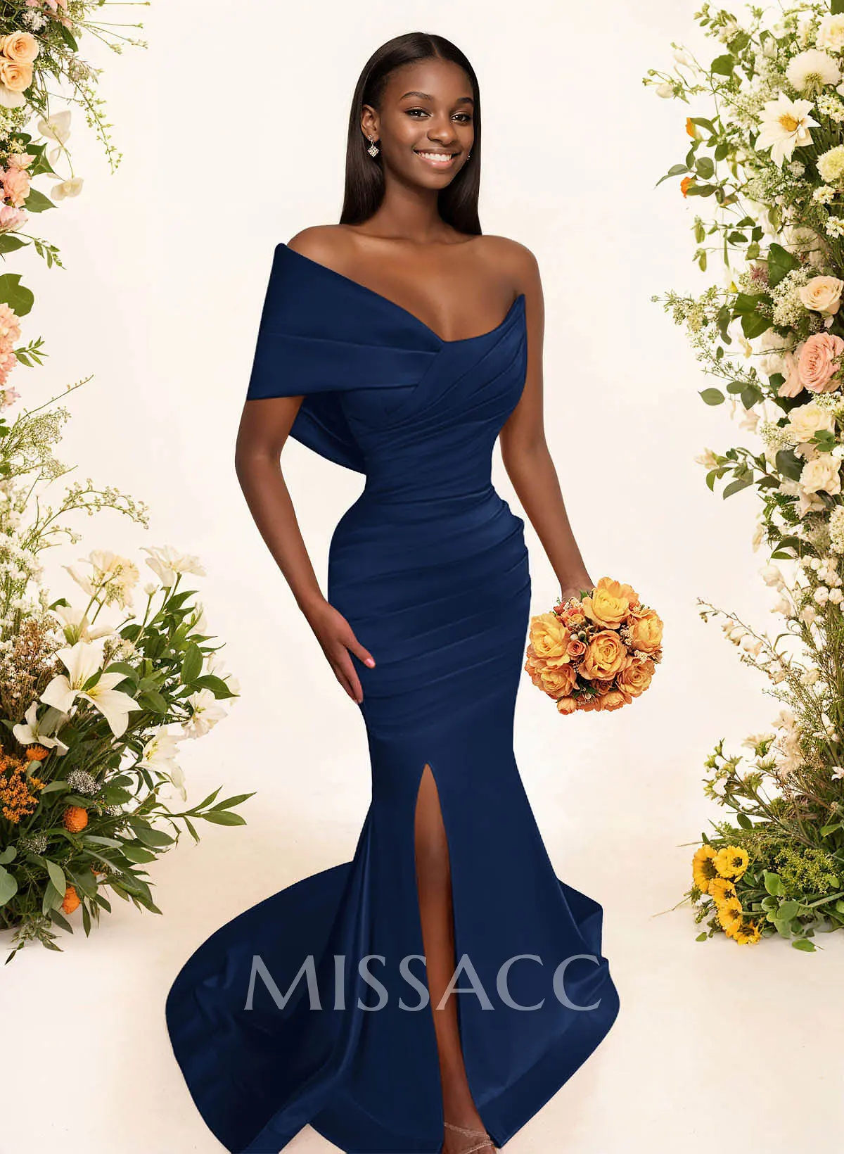 One-Shoulder Sleeveless Sweep Train Satin Bridesmaid Dresses With