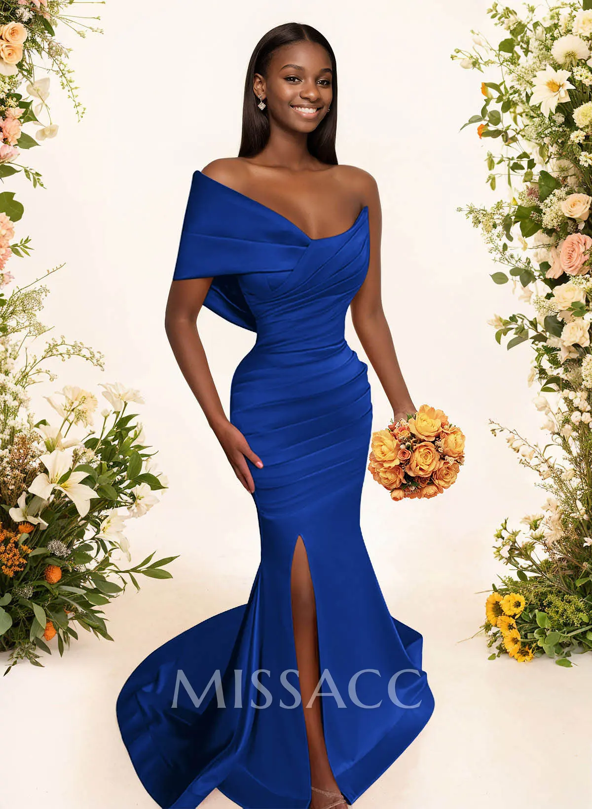 One-Shoulder Sleeveless Sweep Train Satin Bridesmaid Dresses With Split Front
