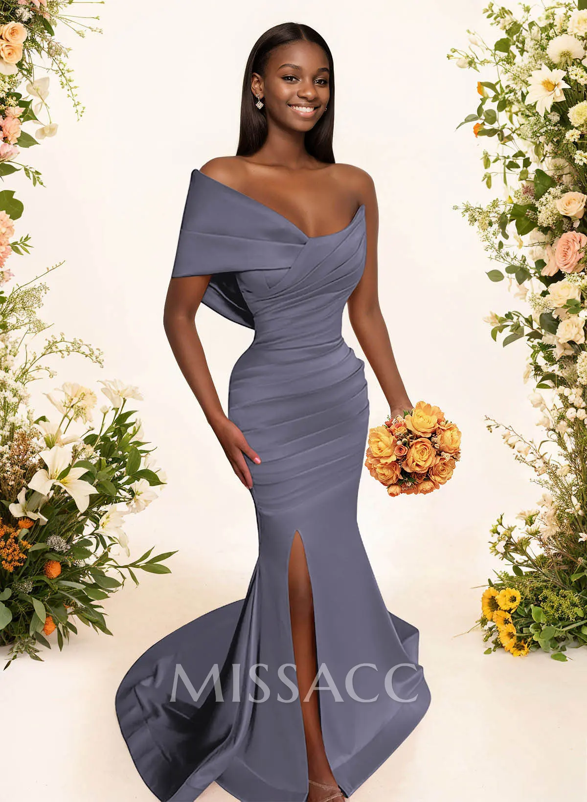 One-Shoulder Sleeveless Sweep Train Satin Bridesmaid Dresses With
