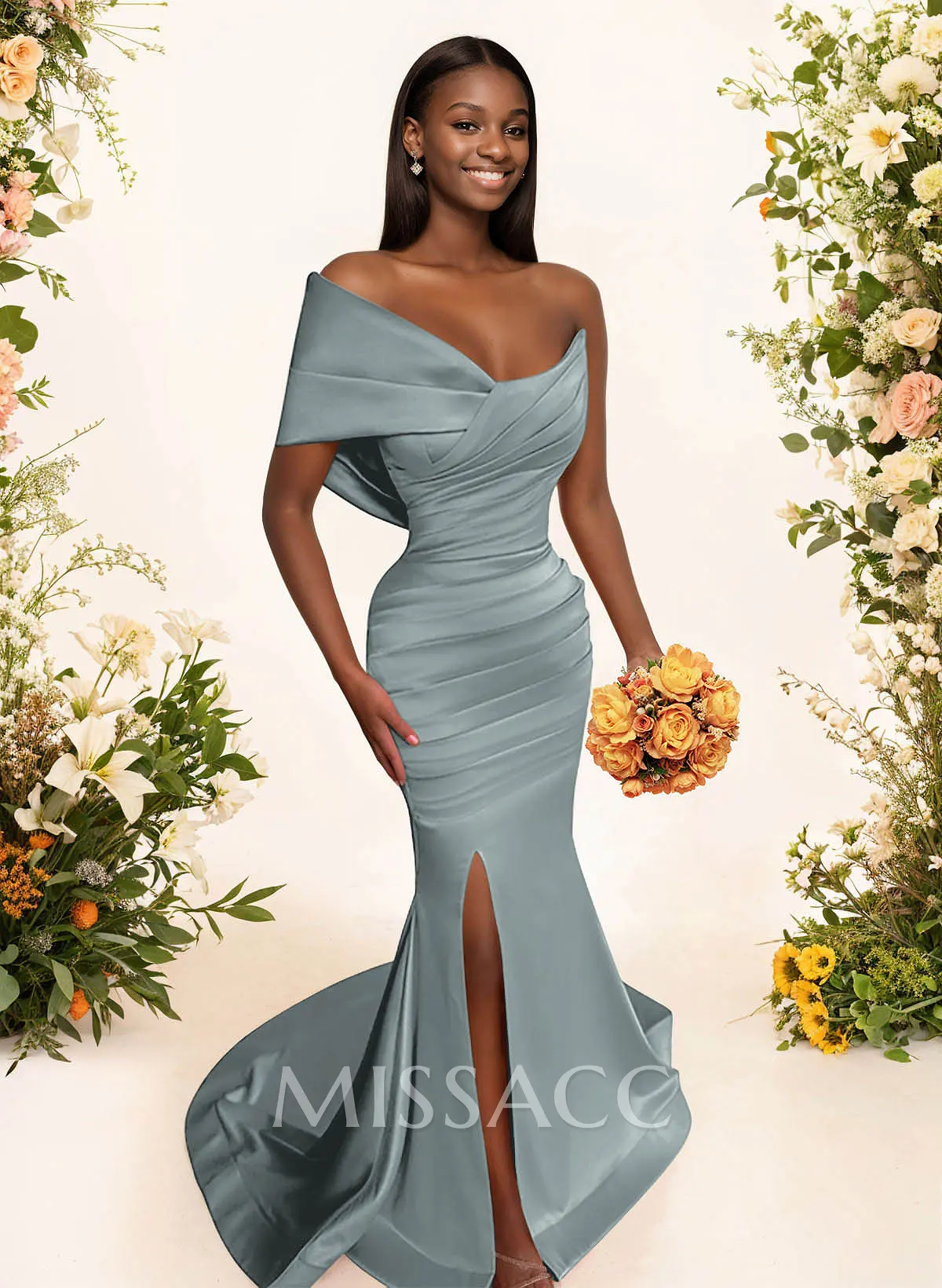 One-Shoulder Sleeveless Sweep Train Satin Bridesmaid Dresses With
