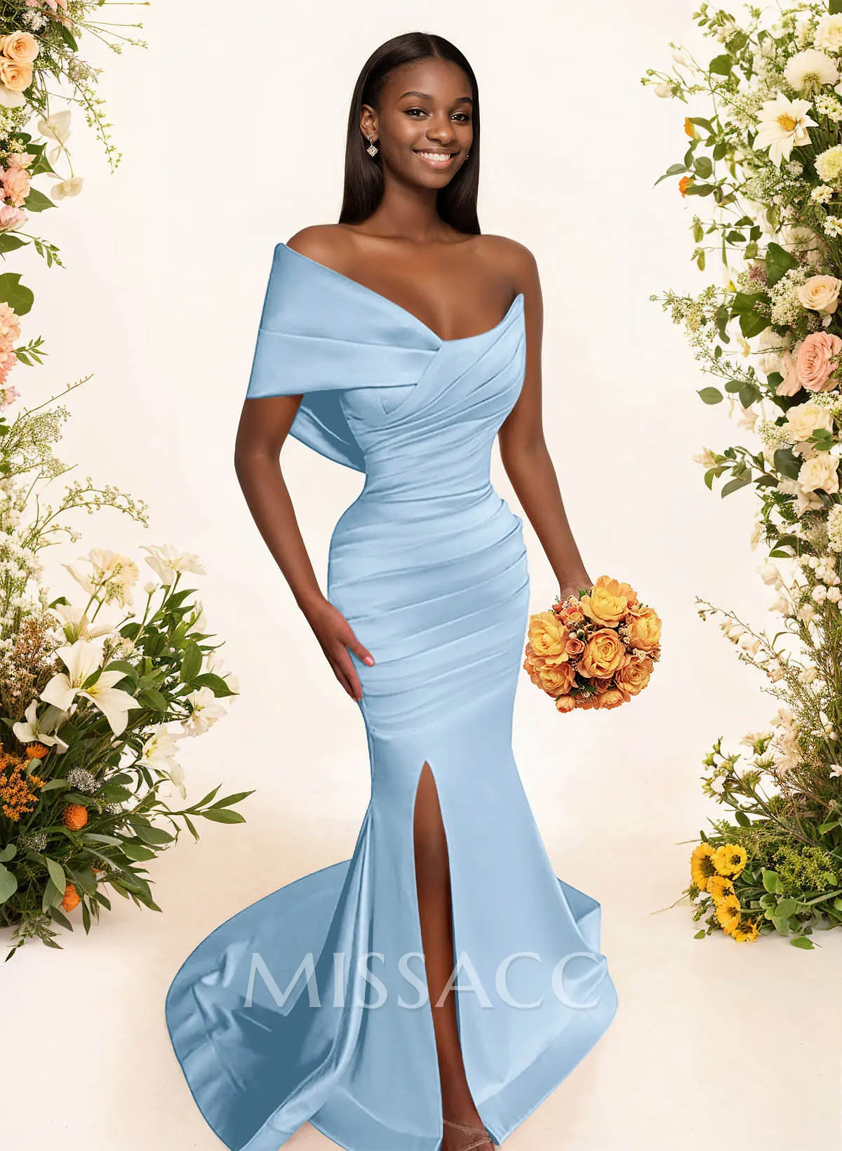 One-Shoulder Sleeveless Sweep Train Satin Bridesmaid Dresses With