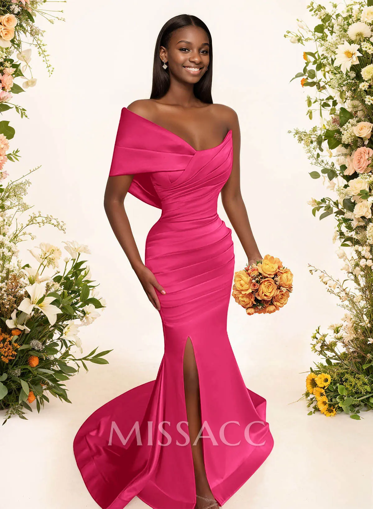 Missacc In-Stock Blush Trumpet/Mermaid Bridesmaid Dresses One-Shoulder Sweep Train Satin with Split Front