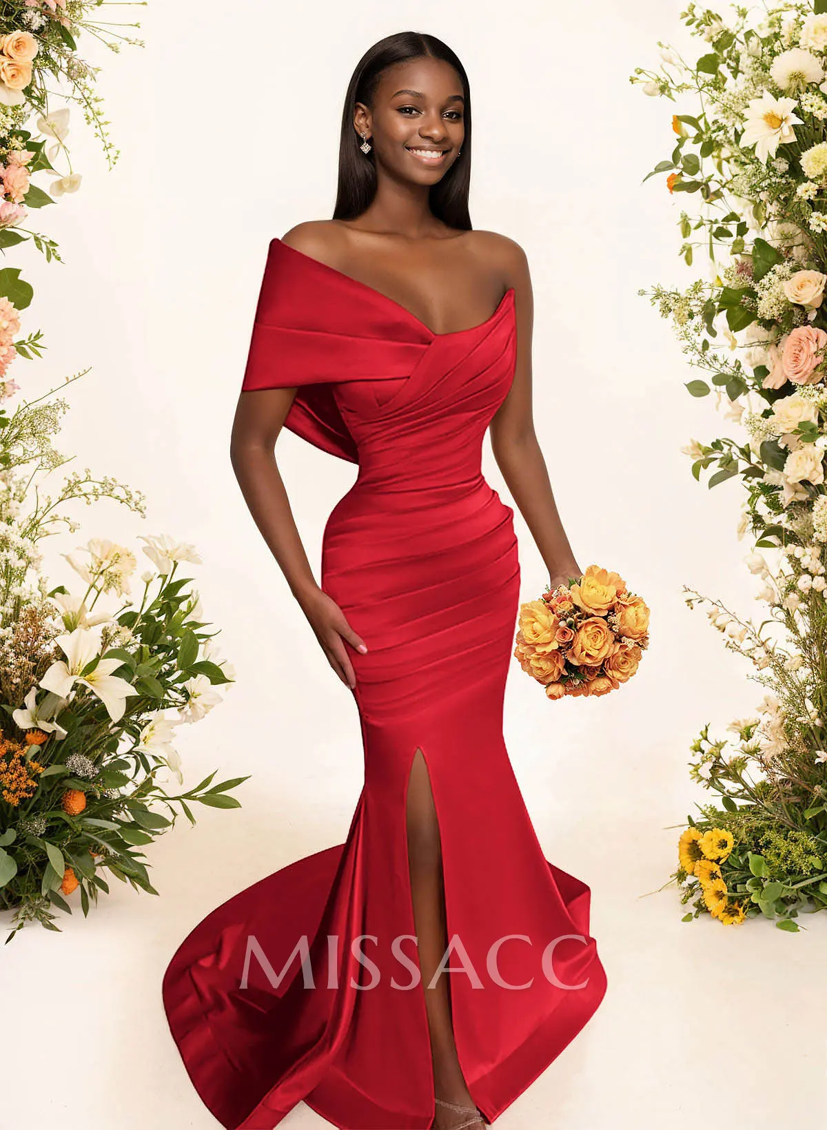 One-Shoulder Sleeveless Sweep Train Satin Bridesmaid Dresses With