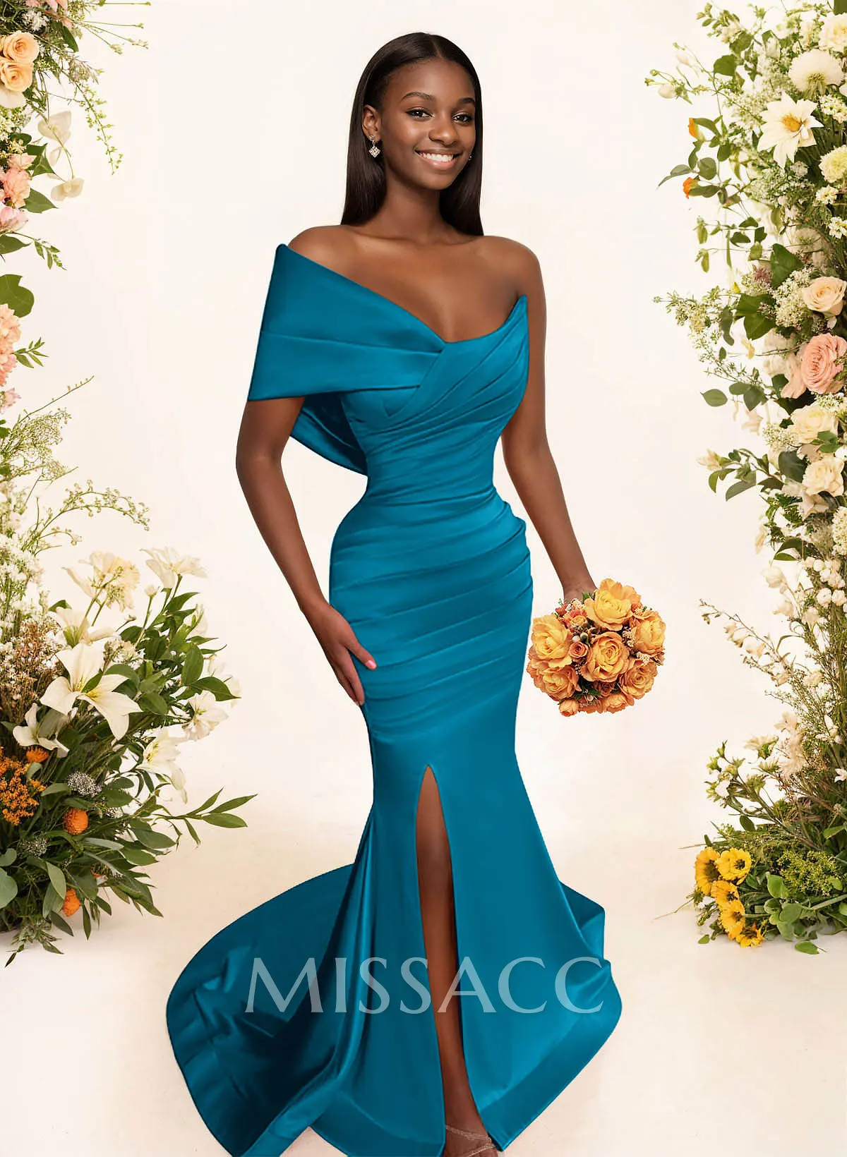 One-Shoulder Sleeveless Sweep Train Satin Bridesmaid Dresses With