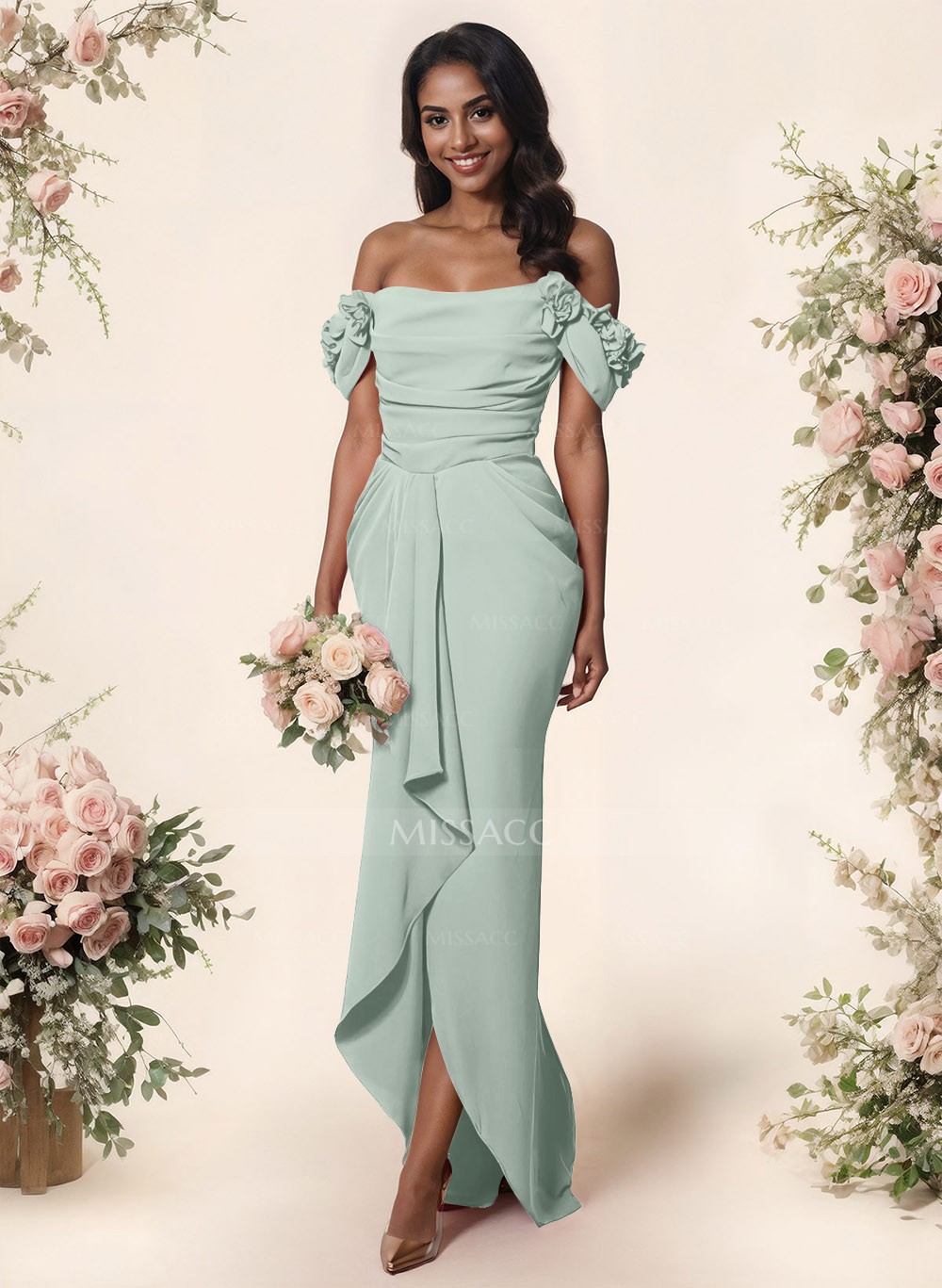 Trumpet/Mermaid Off-The-Shoulder Elastic Satin Bridesmaid Dresses With Ruffle
