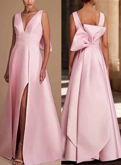 A-Line V-Neck Sleeveless Floor-Length Satin Bridesmaid Dresses With Bow(s)