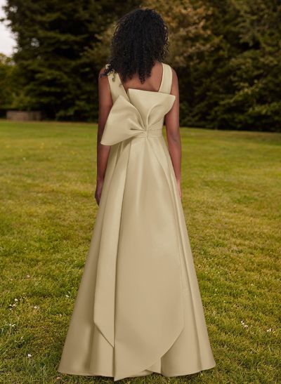 A-Line V-Neck Sleeveless Floor-Length Satin Bridesmaid Dresses With Bow(s)