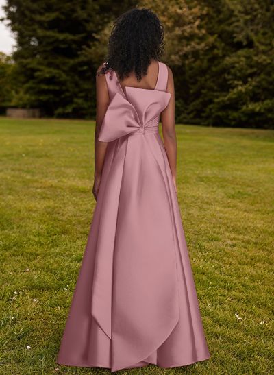 A-Line V-Neck Sleeveless Floor-Length Satin Bridesmaid Dresses With Bow(s)