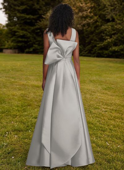 A-Line V-Neck Sleeveless Floor-Length Satin Bridesmaid Dresses With Bow(s)