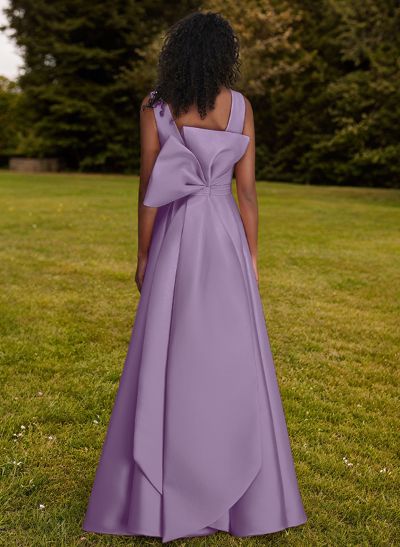 A-Line V-Neck Sleeveless Floor-Length Satin Bridesmaid Dresses With Bow(s)