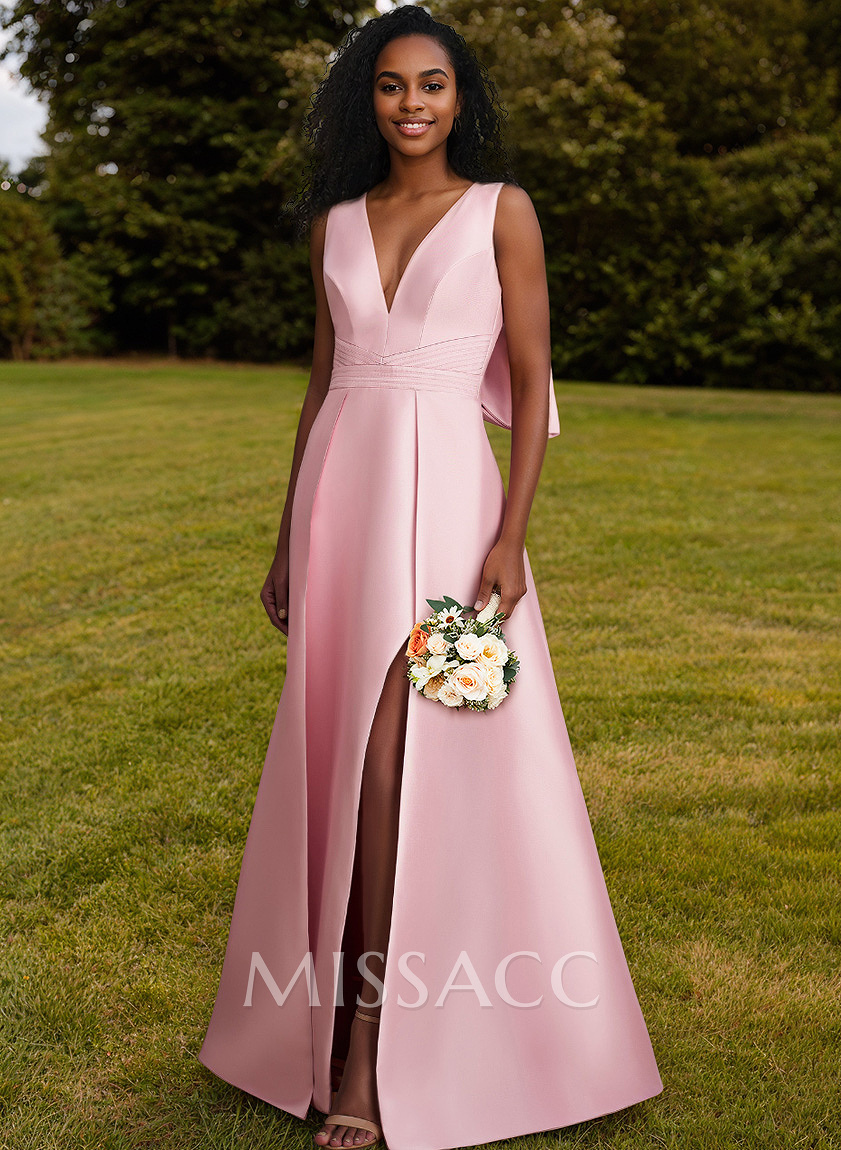A-Line V-Neck Sleeveless Floor-Length Satin Bridesmaid Dresses With Bow(s) A-Line V-Neck Sleeveless Floor-Length Satin Bridesmaid Dresses With Bow(s)