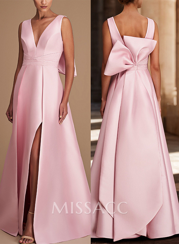 A-Line V-Neck Sleeveless Floor-Length Satin Bridesmaid Dresses With Bow(s) A-Line V-Neck Sleeveless Floor-Length Satin Bridesmaid Dresses With Bow(s)