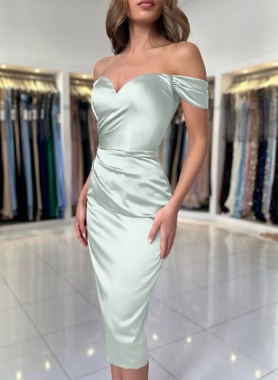Sheath/Column Off-The-Shoulder Silk Like Satin Bridesmaid Dresses With Split Front