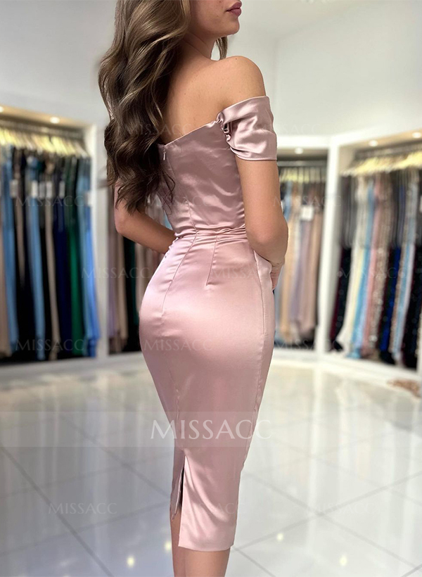 Sheath/Column Off-The-Shoulder Silk Like Satin Bridesmaid Dresses With Split Front