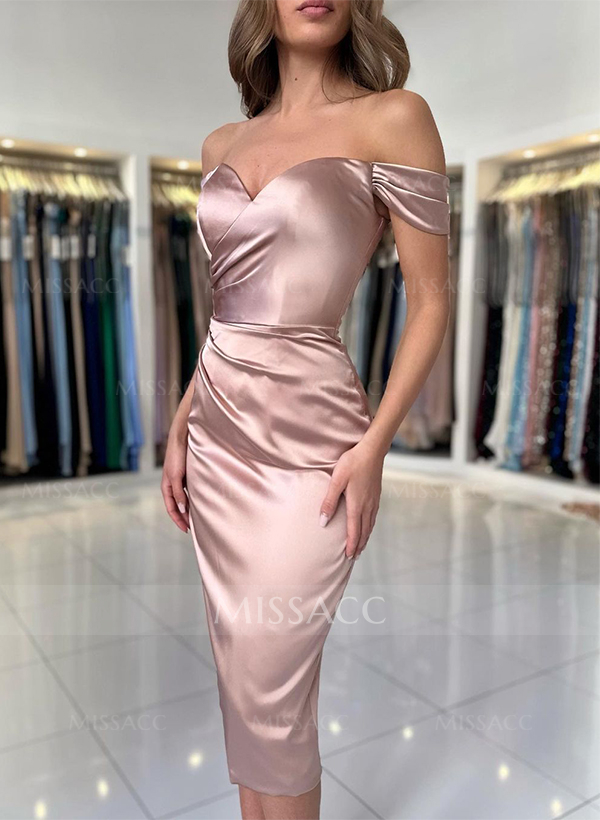 Sheath/Column Off-The-Shoulder Silk Like Satin Bridesmaid Dresses With Split Front