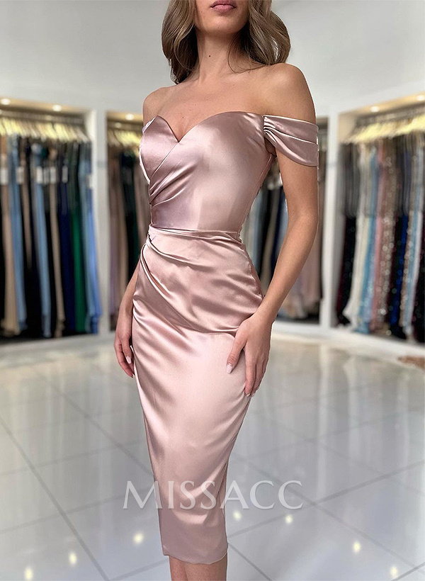 Sheath/Column Off-The-Shoulder Silk Like Satin Bridesmaid Dresses With Split Front Sheath/Column Off-The-Shoulder Silk Like Satin Bridesmaid Dresses With Split Front