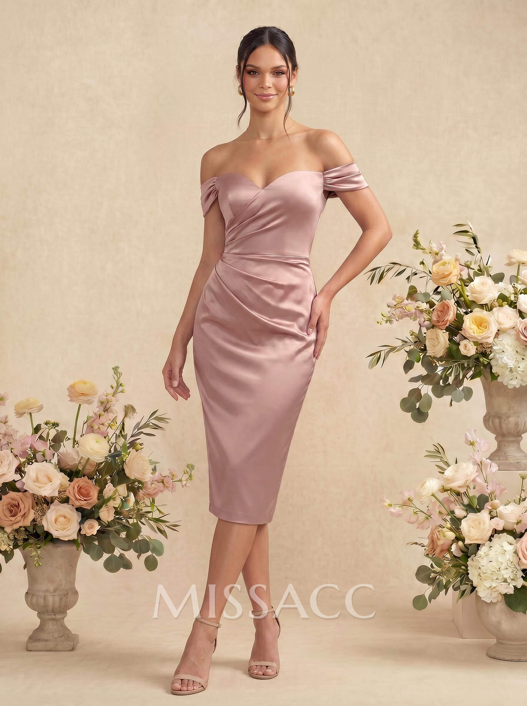 Sheath/Column Off-The-Shoulder Silk Like Satin Bridesmaid Dresses With Split Front Sheath/Column Off-The-Shoulder Silk Like Satin Bridesmaid Dresses With Split Front