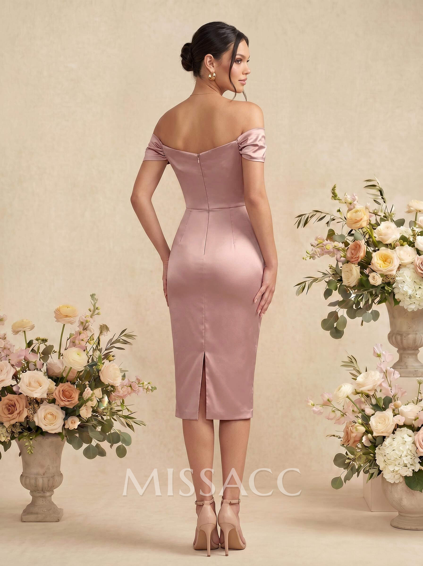 Sheath/Column Off-The-Shoulder Silk Like Satin Bridesmaid Dresses With Split Front Sheath/Column Off-The-Shoulder Silk Like Satin Bridesmaid Dresses With Split Front