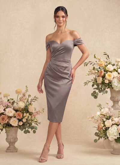 Sheath/Column Off-The-Shoulder Silk Like Satin Bridesmaid Dresses With Split Front