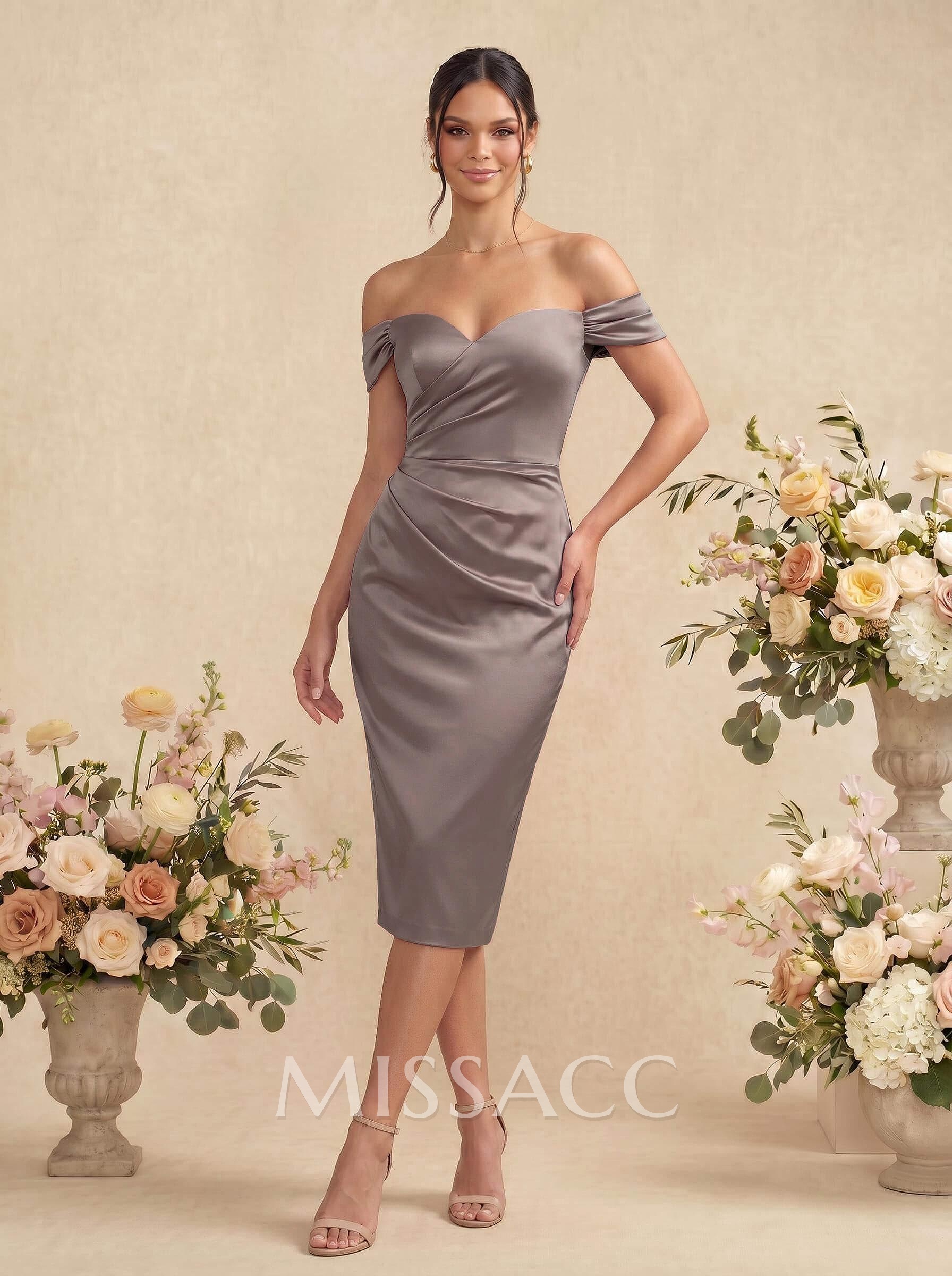 Sheath/Column Off-The-Shoulder Silk Like Satin Bridesmaid Dresses With Split Front
