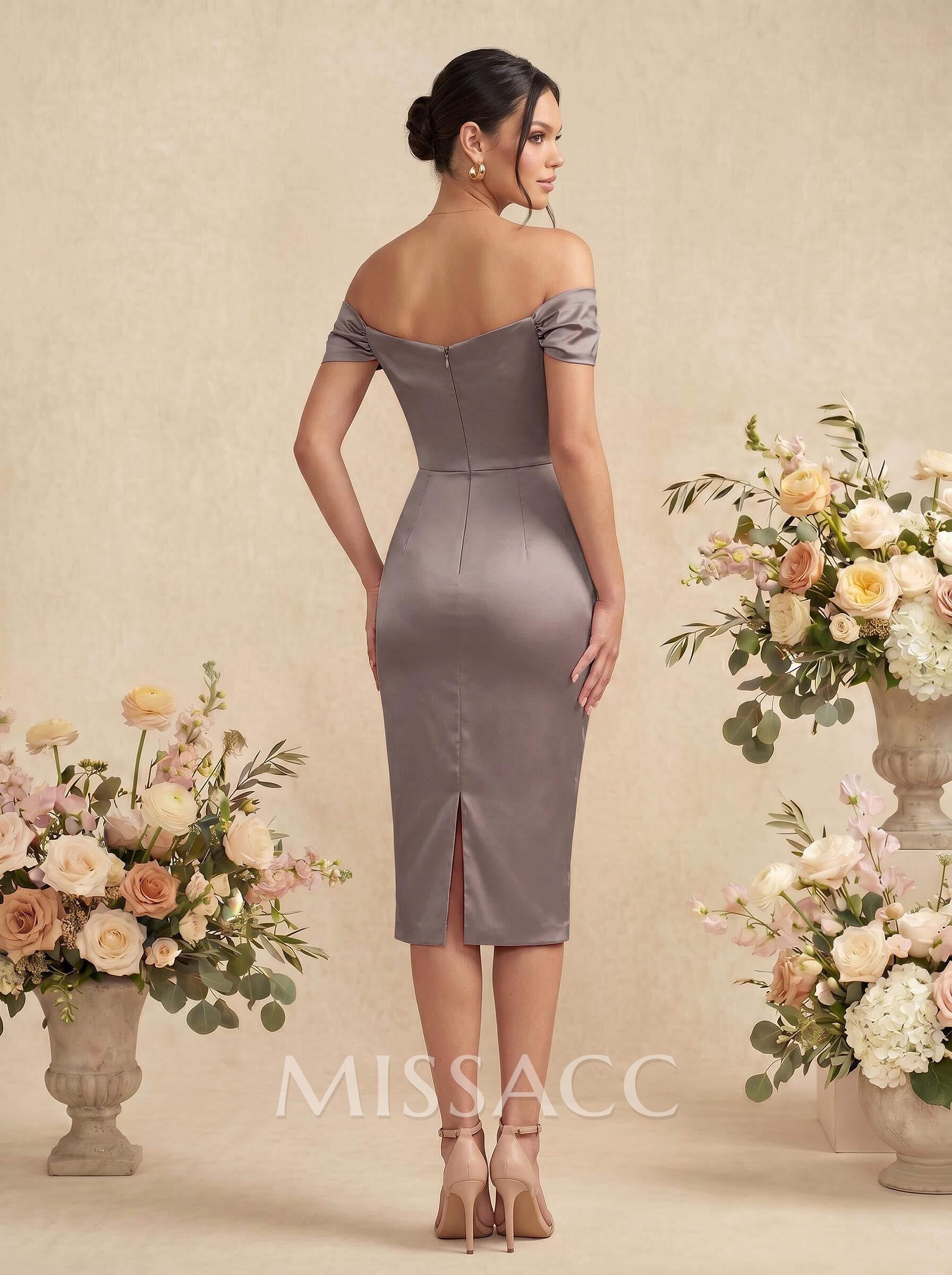 Sheath/Column Off-The-Shoulder Silk Like Satin Bridesmaid Dresses With Split Front