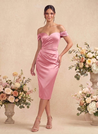 Sheath/Column Off-The-Shoulder Silk Like Satin Bridesmaid Dresses With Split Front