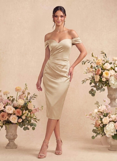 Sheath/Column Off-The-Shoulder Silk Like Satin Bridesmaid Dresses With Split Front