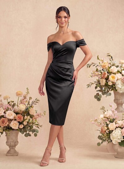Sheath/Column Off-The-Shoulder Silk Like Satin Bridesmaid Dresses With Split Front