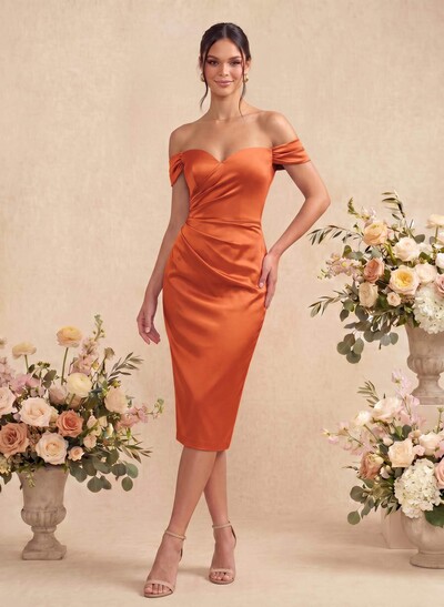 Sheath/Column Off-The-Shoulder Silk Like Satin Bridesmaid Dresses With Split Front