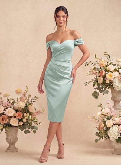 Sheath/Column Off-The-Shoulder Silk Like Satin Bridesmaid Dresses With Split Front