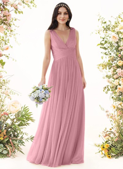 A-Line V-Neck Sleeveless Floor-Length Tulle Bridesmaid Dresses