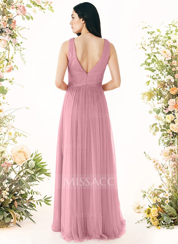 A-Line V-Neck Sleeveless Floor-Length Tulle Bridesmaid Dresses