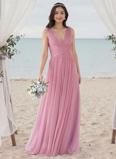 A-Line V-Neck Sleeveless Floor-Length Tulle Bridesmaid Dresses