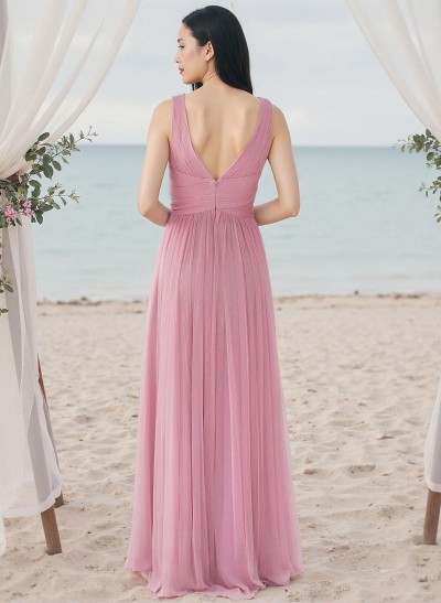 A-Line V-Neck Sleeveless Floor-Length Tulle Bridesmaid Dresses